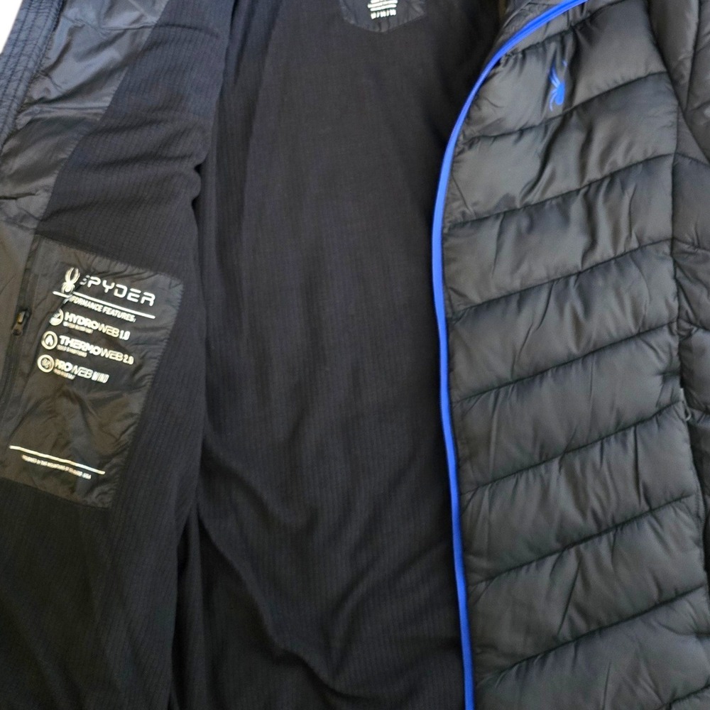 Spyder Mens Black Blue Hooded Puffer Jacket ThermoWeb Retail $199 Medium NWT NEW - Picture 5 of 12